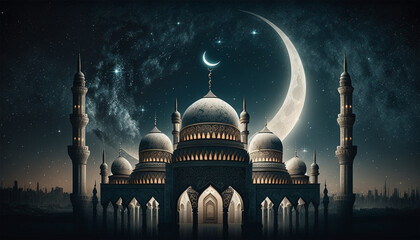 Beautiful mosque full view with starry and crescent moon moon night. Generative AI - obrazy, fototapety, plakaty