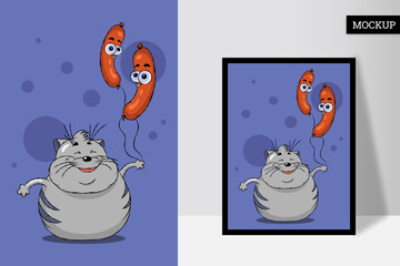 Fat cute cat with sausages in paws. Cartoon poster. Creative vector illustration in hand drawn style. Mockup.
