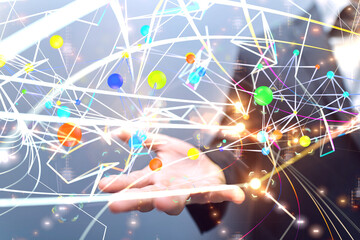 abstract lines with dots over dark background.