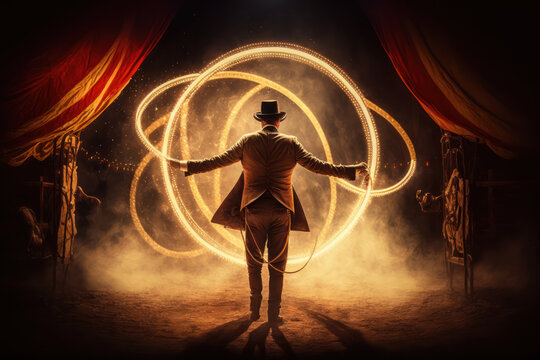 An image of an illusionist performing magic in the circus, symbolizing the purity, innocence and magic of the circus. AI generated illustration.