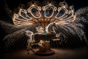 fantasy magical carousel most amazing intricate carousel in the world fairy lights tiny pixies flying in the air,generative ai. - obrazy, fototapety, plakaty