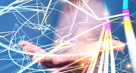 abstract lines with dots over dark background.