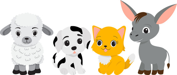 cartoon sheep, puppy, kitten and donkey on white background vector