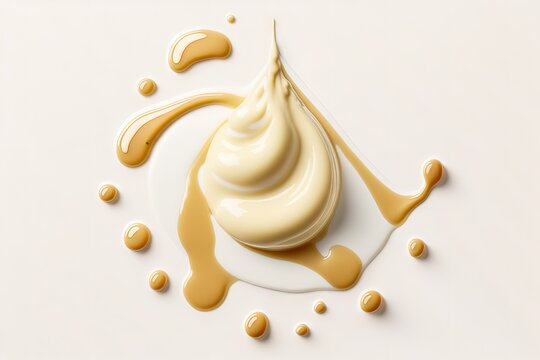 The drop and splash of mayonnaise Isolated white sauce stain, top view. components for culinary or cosmetic design. photo with high resolution. Generative AI