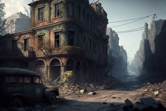 Destroyed city, Post-apocalyptic, War zone created with Generative AI technology.