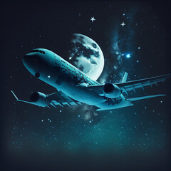 Obraz premium Plane flying at night. Generative AI.