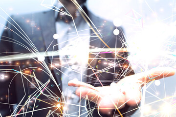 abstract lines with dots over dark background.