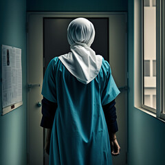 Back view of a Muslim doctor with the hijab. Generative AI.