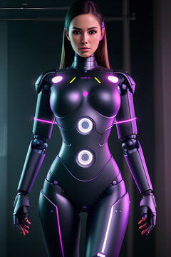 Robot woman in costume. A cyborg woman from the future. Mechanical humanoid robot. Artificial intelligence in the form of a human. Robot model in the form of a beautiful woman. Generative AI fictional