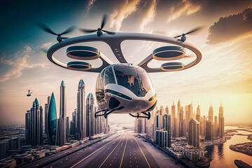 Obraz na płótnie Canvas Air car of the future, urban air mobility, city air taxi, generative ai 
