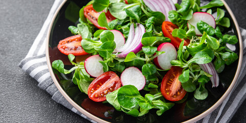 fresh salad vegetable food tomato, radish, mache lettuce, green leaves snack meal on the table copy space food background rustic top view