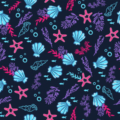 Fototapeta premium Seamless pattern with starfish, corals, pearls and seashells. Vector background with marine theme.