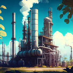 Oil refinery on sunny day. Generative AI.