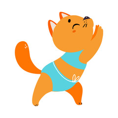 Cute cat doing yoga. Adorable animal practicing stretching exercise cartoon vector illustration