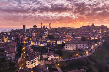 Obraz premium High point of view at buildings in Bergamo Alta during dusk, Lombardy Italy.