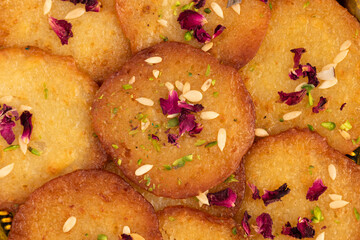 Malpua Or Pua Are Traditional Indian Sweet Mithai Pancakes Drenched, Dunked, Soaked Or Coated With Sugar Syrup Cheeni Ki Chasni And Pistachio