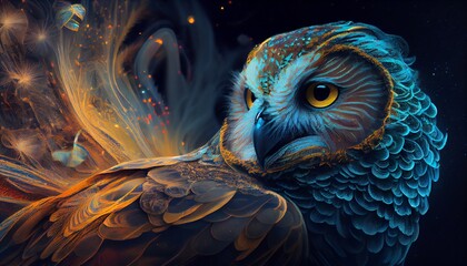 a close up of an beautiful owl on a black background, digital art