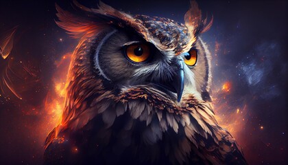 a close up of an owl with yellow eyes, Digital art