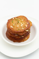 Malpua Or Pua Are Traditional Indian Sweet Mithai Pancakes Drenched, Dunked, Soaked Or Coated With Sugar Syrup Cheeni Ki Chasni And Pistachio