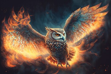 An owl that is flying through the air. Airbrush painting. Fantasy art