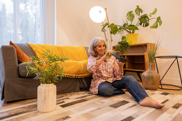 mature woman with a bonsai at home