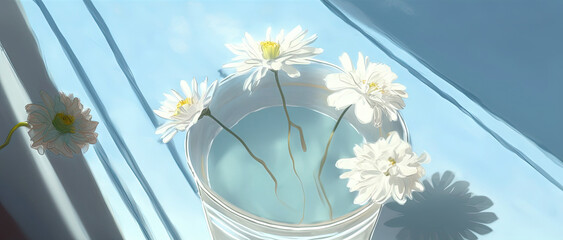 White flowers and buds in a light blue container with floating water. looking up. Shadows are cast on the bottom due to the sun's reflection on ripples on a surface. Generative AI