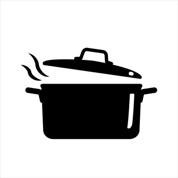 Cooking pan icon. Saucepan with boiling soup. Vector illustration isolated on white background.