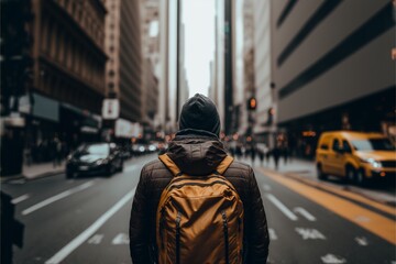 a man with a backpack walking down a city street, cinematic focus