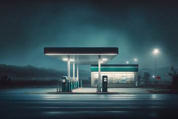 Horizontal nighttime view with copy space at the top and bottom of an unbranded, generic gas station. Generative AI