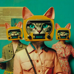 Abstract Funky Cats music band illustration, fashionable, retro pop and coroful pattern. Generative AI
