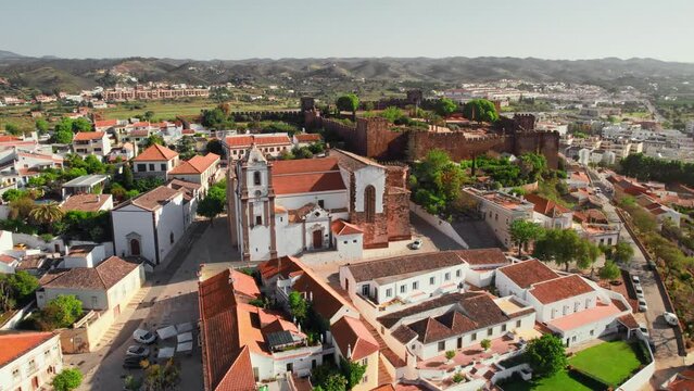 Aerial view of Silves town with famous castle and Cathedral, Algarve, Portugal