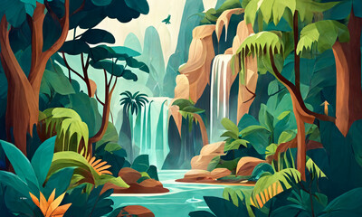 Tropical jungle background, with waterfall, minimalistic vector design