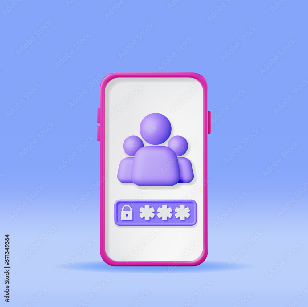 Poster 3d user login form page in smartphone. render password hidden stars in sign in account. computer dat