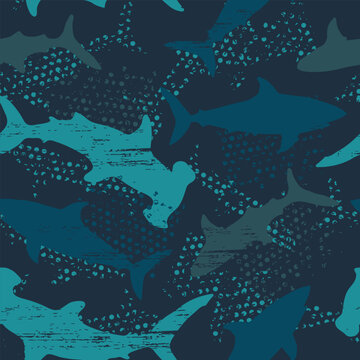  Sharks silhouettes seamless pattern. Urban pattern. Pattern with abstract shark symbols, design elements. Can be used for invitations, greeting cards, scrapbooking, print, textile, manufacturing.