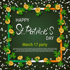 St.Patrick's Day green vector background with colorful clover leaves and elegant lettering