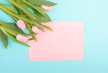 Tulips greeting card for mothers day, birthday, easter holiday, valentines day, spring season, pastel color
