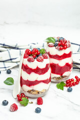 yogurt granola parfait with blueberry and raspberry on a light background. vertical image. top view. place for text