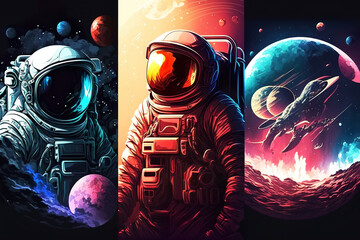 Obraz na płótnie Canvas Representation of an astronaut in different environments. illustration of an astronaut in the galaxy with planets. Space objects in the background. Made with AI.