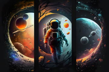 Fototapeta na wymiar Representation of an astronaut in different environments. illustration of an astronaut in the galaxy with planets. Space objects in the background. Made with AI.