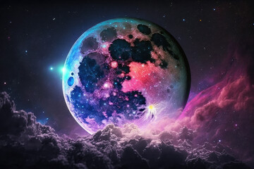 fabulous cosmic galaxy big pink with lilac blue moon in a cosmic starry sky made by generative ai