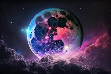 Papier Peint photo Pleine Lune arbre fabulous cosmic galaxy big pink with lilac blue moon in a cosmic starry sky made by generative ai