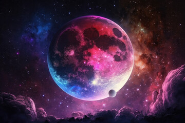 Fototapeta na wymiar fabulous cosmic galaxy big pink with lilac blue moon in a cosmic starry sky made by generative ai