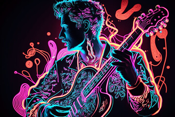 ilustração guitarrista com luzes neon 