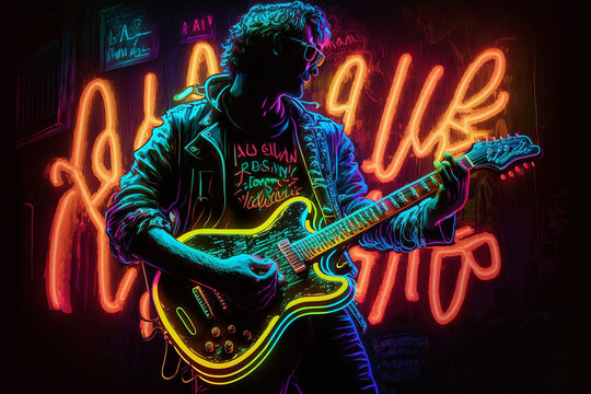 ilustração guitarrista com luzes neon 