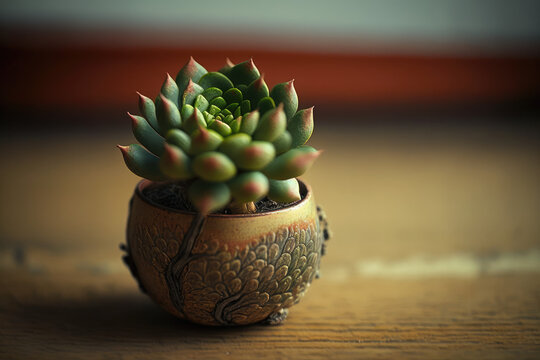green aenium succulent plant in a cute little pot made by generative ai
