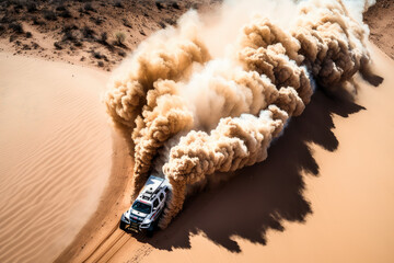 top down aerial drone view of sandy plume flowing off the back of rally car made by generative ai