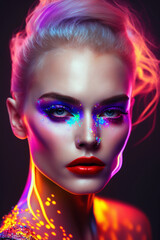 Obraz premium modelo fashion com maquiagem artistica neon criada com realidade virtual 