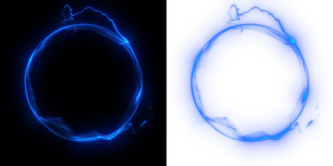 wispy magic light effect on transparent and black background. Lightning ring circle frame with plasma portal. round light effects in blue hologram neon circles. PNG - 571350783
