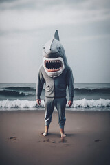 A shakman at the beach, man wearing a shark costume at beach portrait. Generated with AI