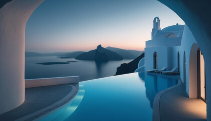 Cycladic architectural villa with illuminated swimming pool on Santorini island - Generated by Generative AI